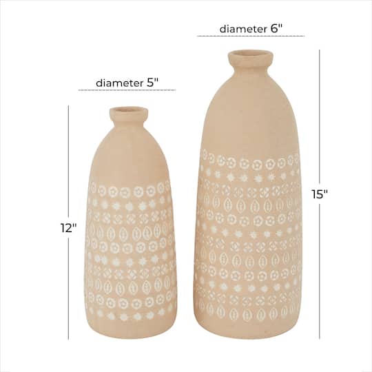 Set of 2 Beige Stoneware Rustic Vases, 15" x 5" x 5"
